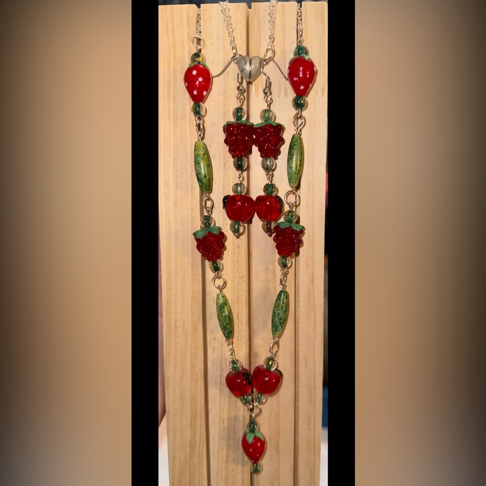 Fruit Themed Red & Green Glass Necklace & Earrings Set